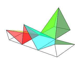 Desarrollo de la descomposición en cuatro pirámides cuadradas, iguales dos a dos