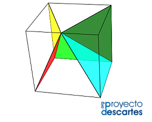 Partición de un cubo en cuatro pirámides cuadradas iguales dos a dos