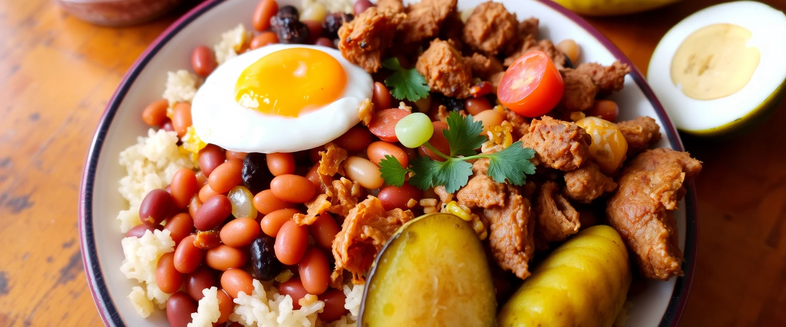 Bandeja Paisa: plato típico colombiano con frijoles, arroz, carne, chicharrón, huevo y plátano