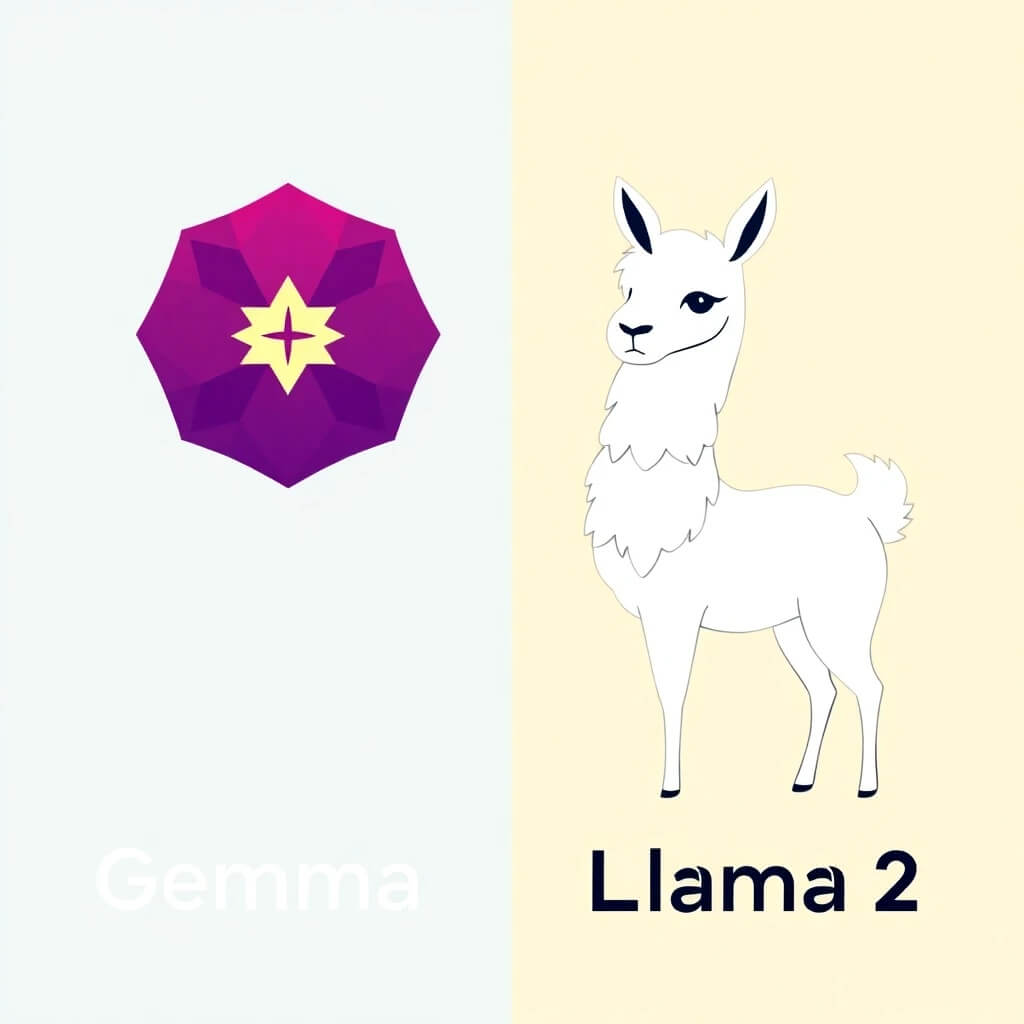 Una comparación lado a lado de los logotipos de Gemma y Llama 2, simbolizando la competencia entre los dos modelos de lenguaje.