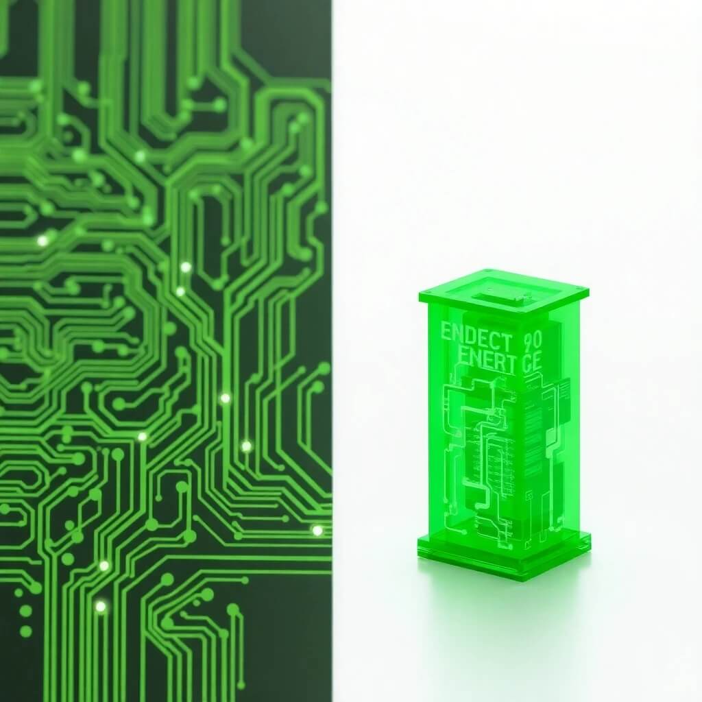 Una imagen de un circuito eléctrico verde junto a un modelo de IA, simbolizando el objetivo de la eficiencia energética en la IA.