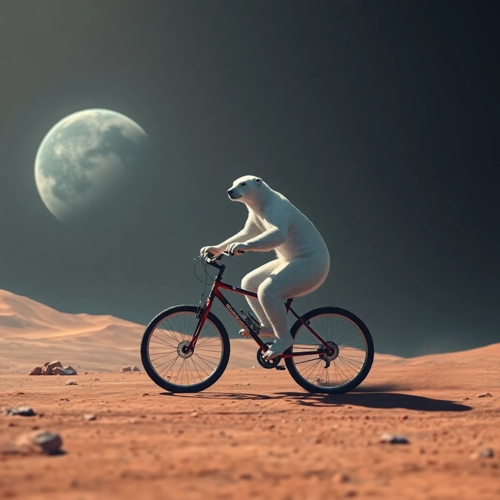 Una imagen generada por IA de un oso polar montando en bicicleta en Marte.