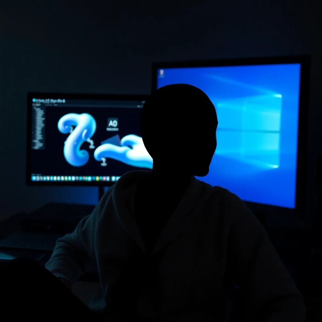 Una figura sombría usando una computadora, con imágenes generadas por IA que aparecen en la pantalla.