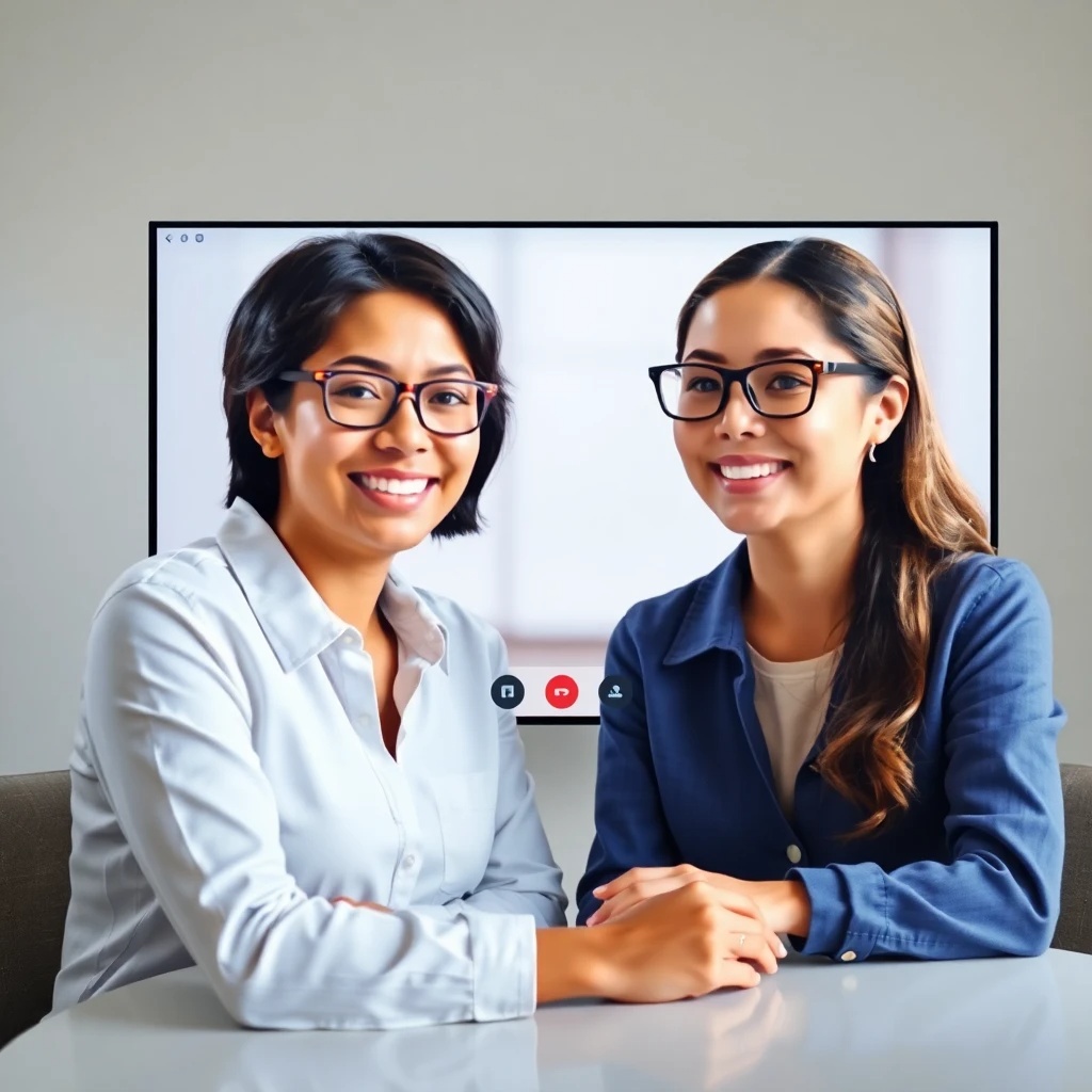 Dos personas interactuando a través de una pantalla de videoconferencia 3D, apareciendo como si estuvieran sentadas una frente a la otra en un espacio físico.