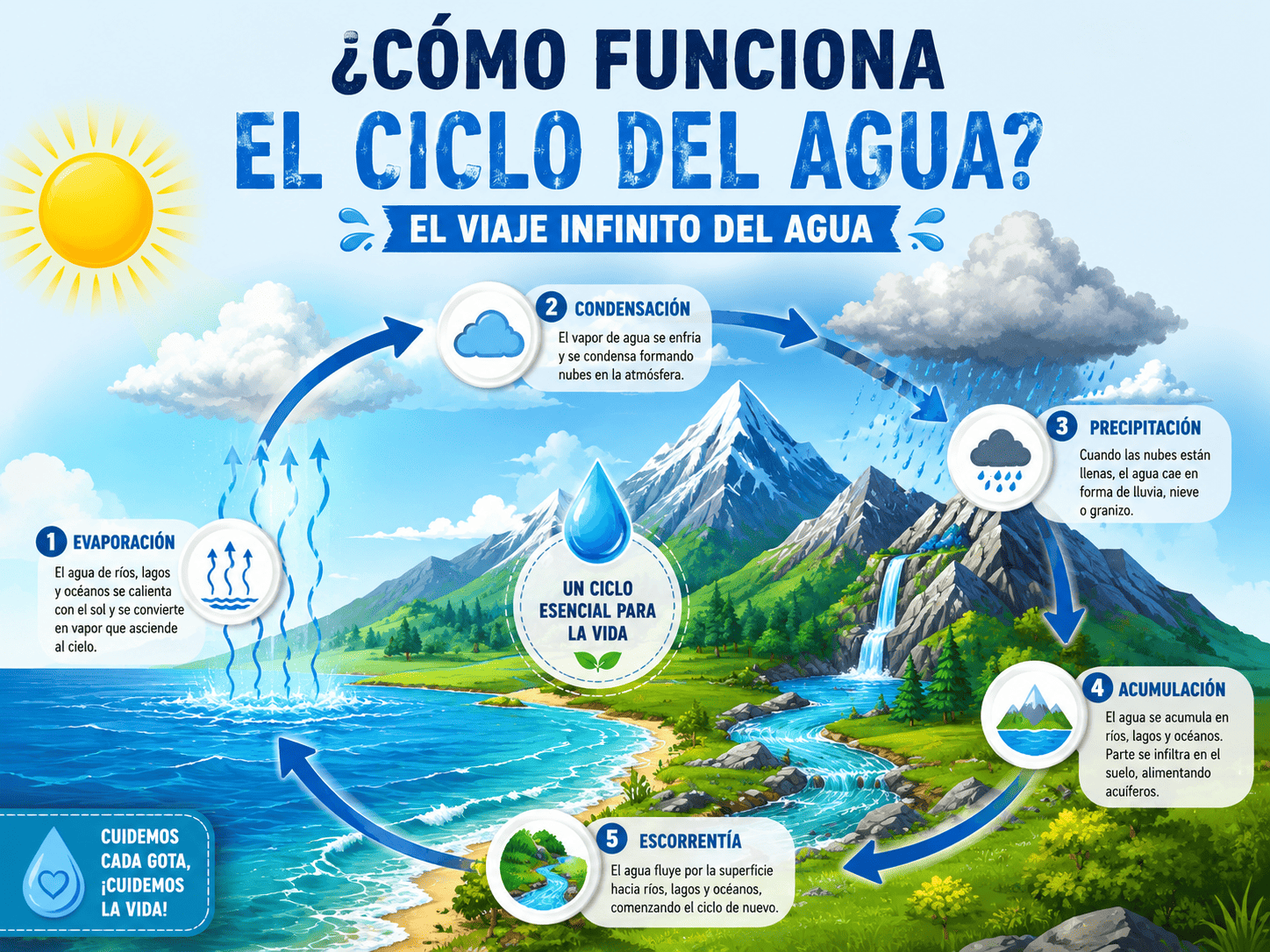 3D render, whimsical and detailed cross-section of Earth showing the water cycle: sun beaming down on a vibrant blue ocean, evaporation rising as shimmering vapor, fluffy white clouds forming and releasing rain droplets onto lush green mountains and forests, a winding river flowing back to the sea, all in a clean, educational, diagrammatic style.