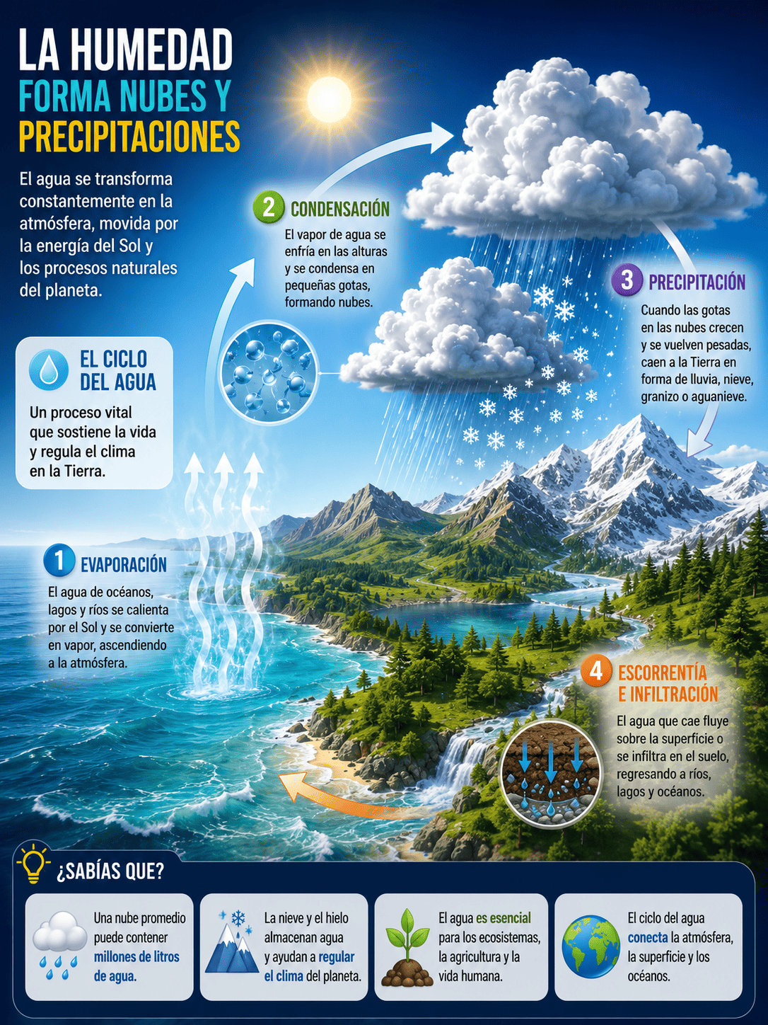 3D render, whimsical and detailed cross-section of Earth showing the water cycle: sun beaming down on a vibrant blue ocean, evaporation rising as shimmering vapor, fluffy white clouds forming and releasing rain droplets onto lush green mountains and forests, a winding river flowing back to the sea, all in a clean, educational, diagrammatic style.