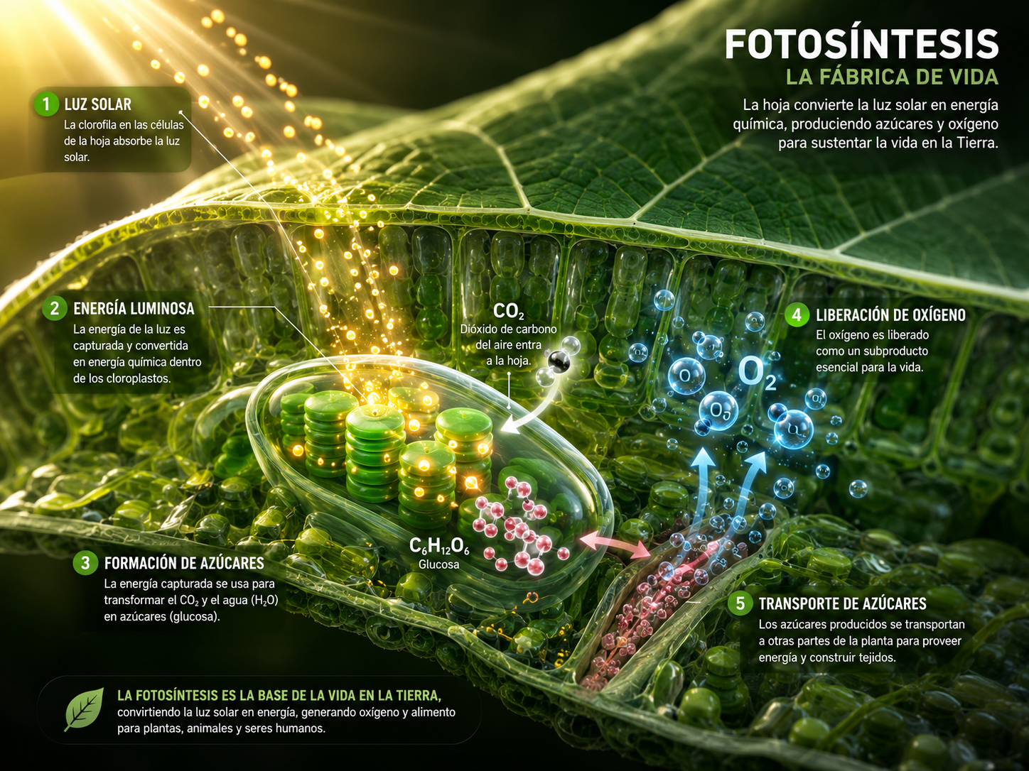 3D render of a vibrant green leaf absorbing sunlight, with visible ethereal particles of light energy transforming into tiny sugar molecules and oxygen bubbles inside a microscopic cellular structure.
