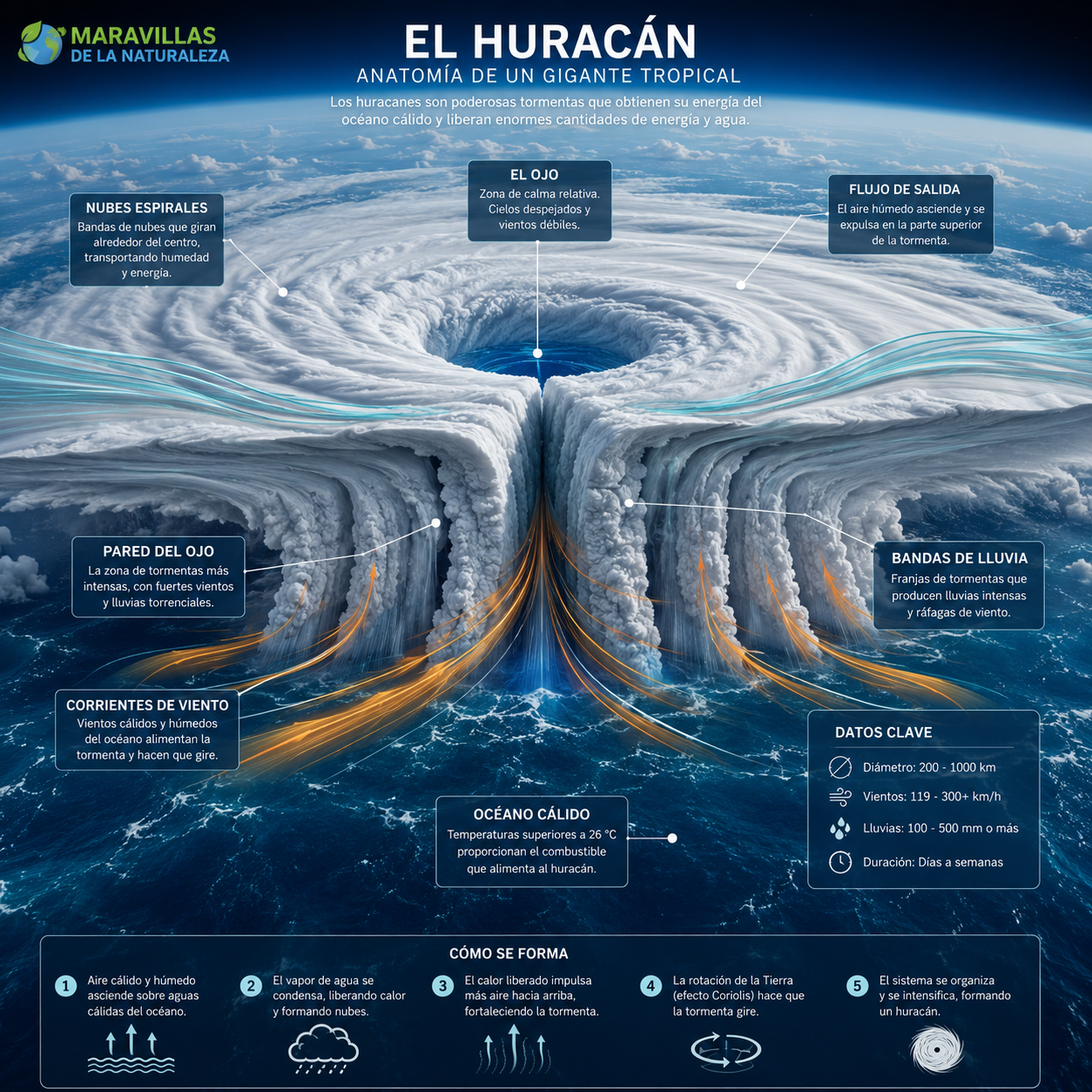 3D render, cross-section of a hurricane, eye of the storm calm, spiraling clouds, intense rain bands, wind currents visualized as flowing ribbons, deep blue ocean surface below, atmospheric perspective, educational diagram, Natures Wonders series.