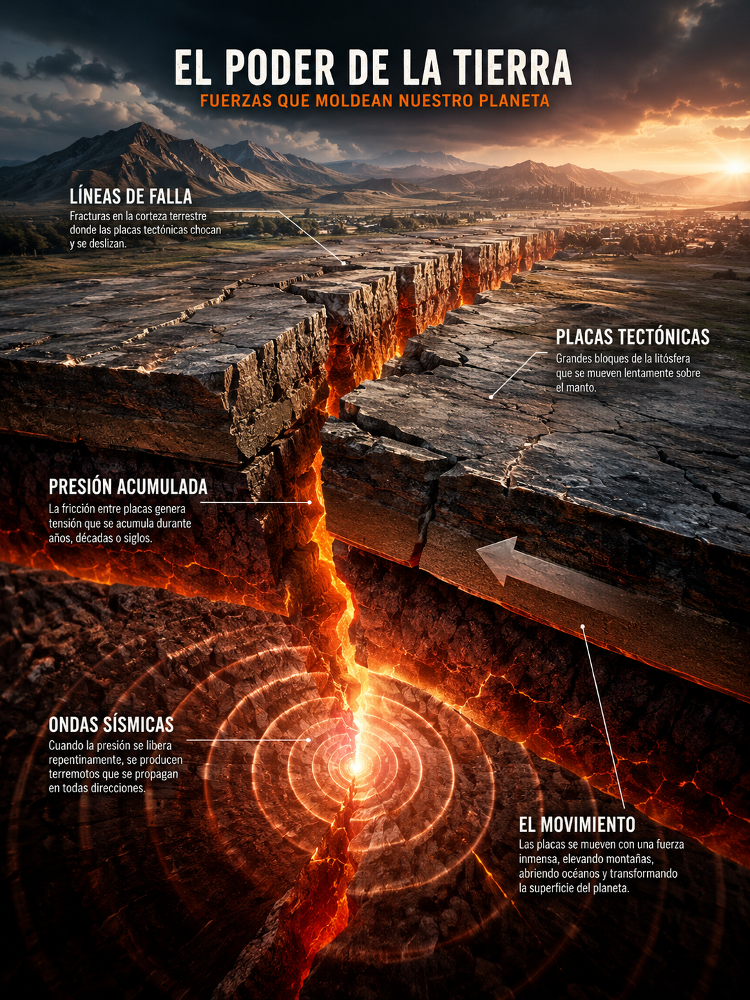 3D render, epic geological cross-section, jagged fault lines fracturing earths crust, immense pressure visibly building, seismic waves radiating outwards like shattering glass, a single, dramatically lit tectonic plate shifting with slow, immense power, conveying the raw forces of nature.