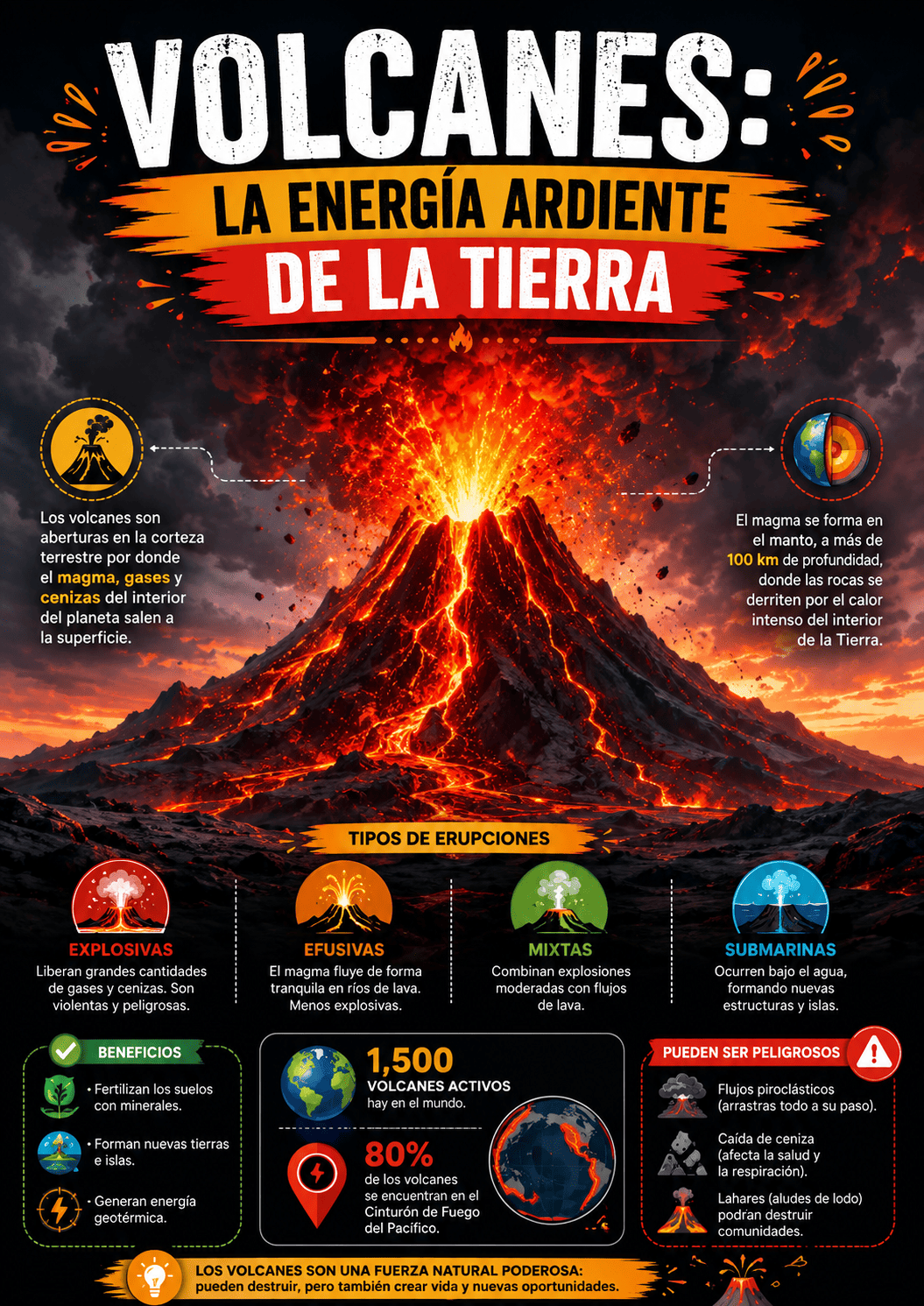 3D render, cross-section of a volcano erupting, magma chamber glowing deep within, hot lava flowing down the slopes, ash cloud billowing into the atmosphere, cutaway showing internal layers and conduits, educational diagram style, vibrant, detailed.