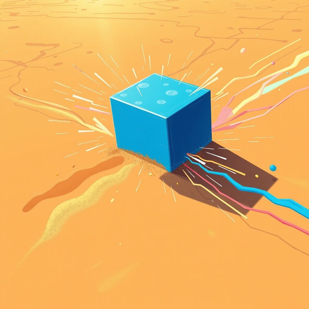 Una ilustración que muestra un bloque siendo empujado a través de una superficie, representando la transformación del trabajo en energía cinética.