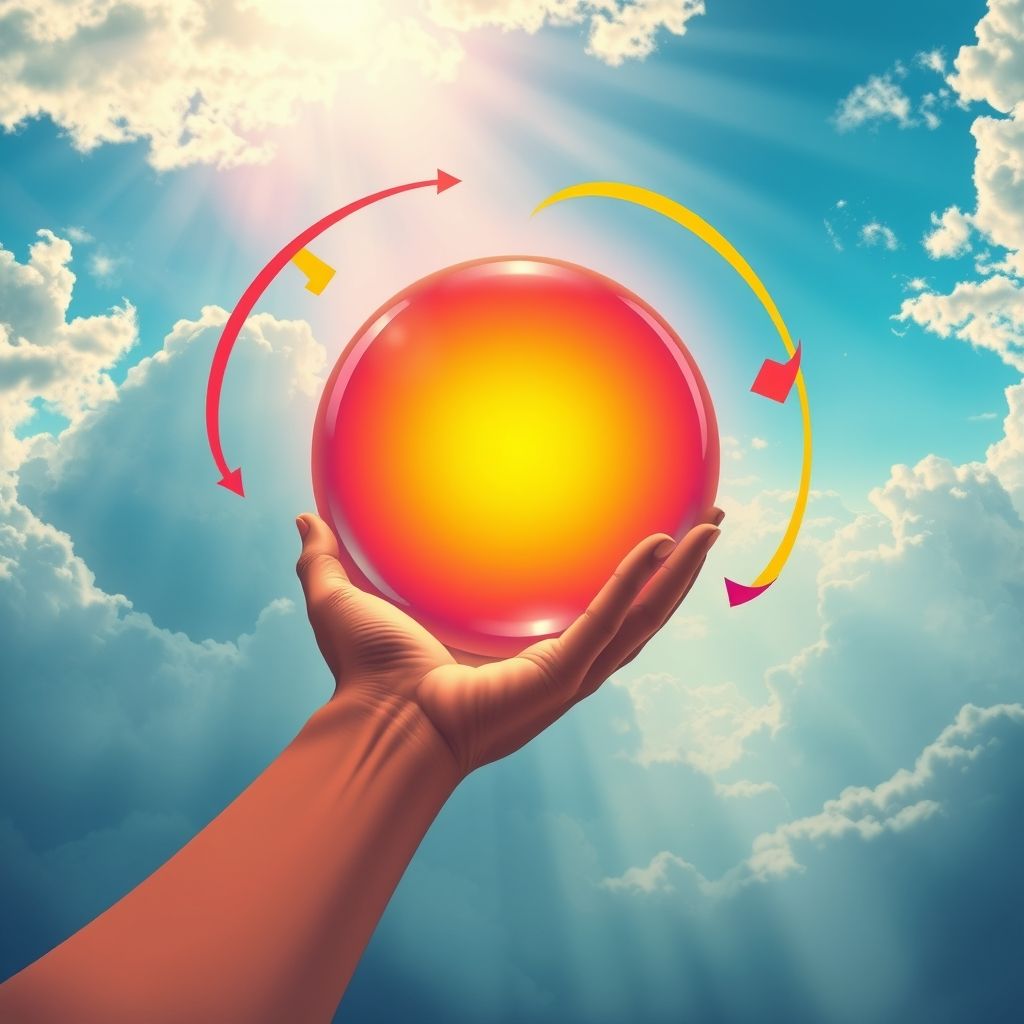 Una imagen de una bola sostenida en lo alto, ilustrando la energía potencial gravitacional, con flechas que muestran su posible conversión en energía cinética al caer.