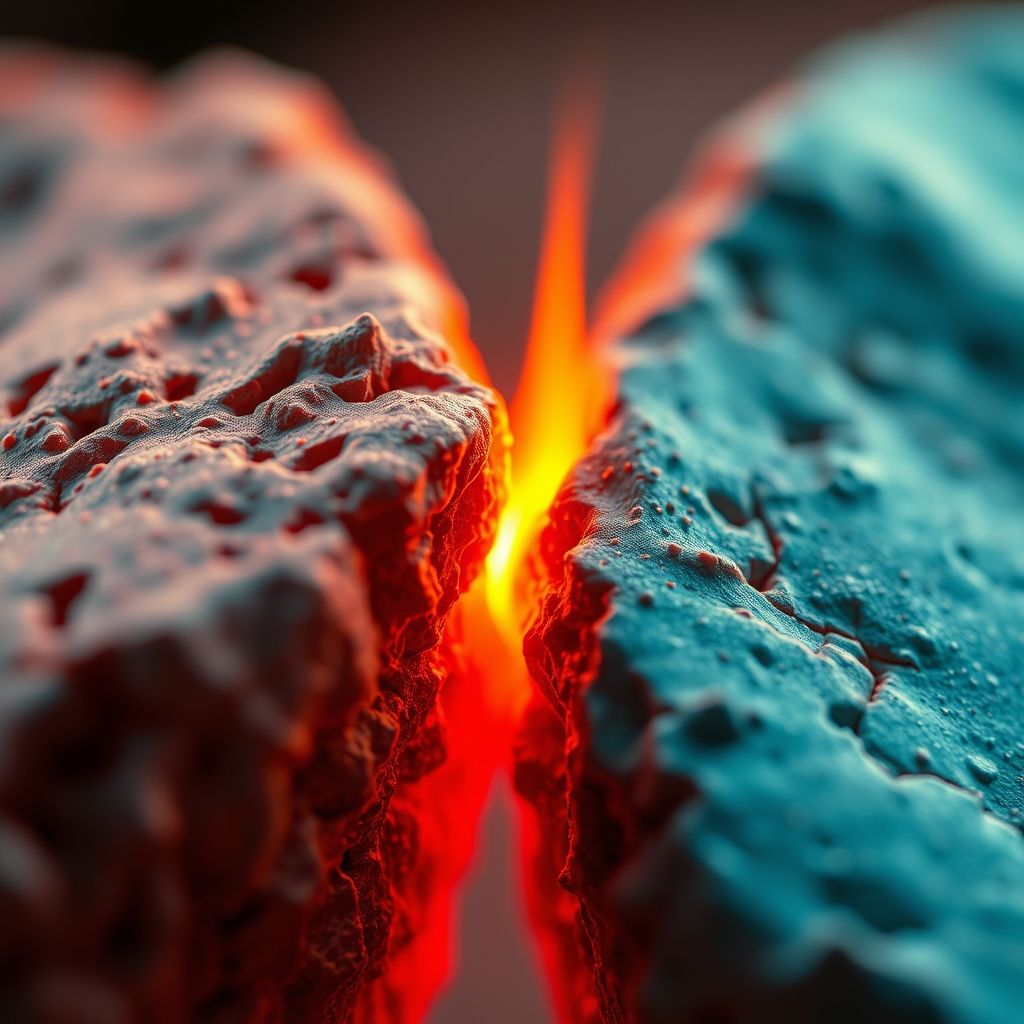 Una representación microscópica de dos superficies en contacto, mostrando las irregularidades y la generación de calor debido a la fricción.