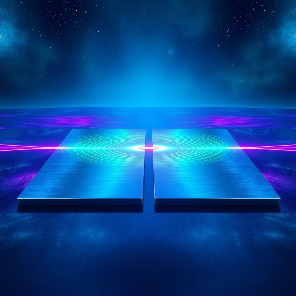 Una ilustración de dos placas paralelas muy cerca una de la otra en el vacío, mostrando las ondas electromagnéticas restringidas y la fuerza de Casimir.
