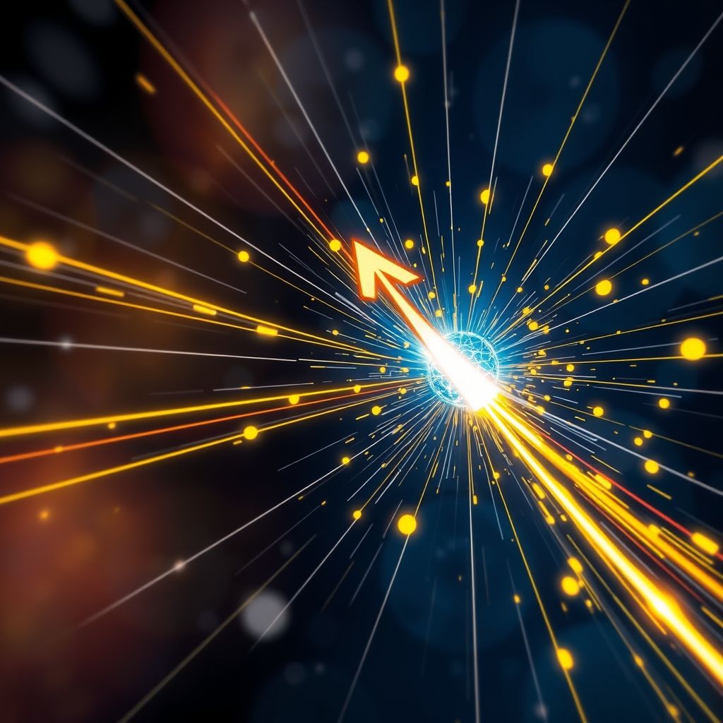 Una representación de una partícula cargada acelerando, emitiendo radiación electromagnética, con una flecha que indica la fuerza de Abraham-Lorentz.