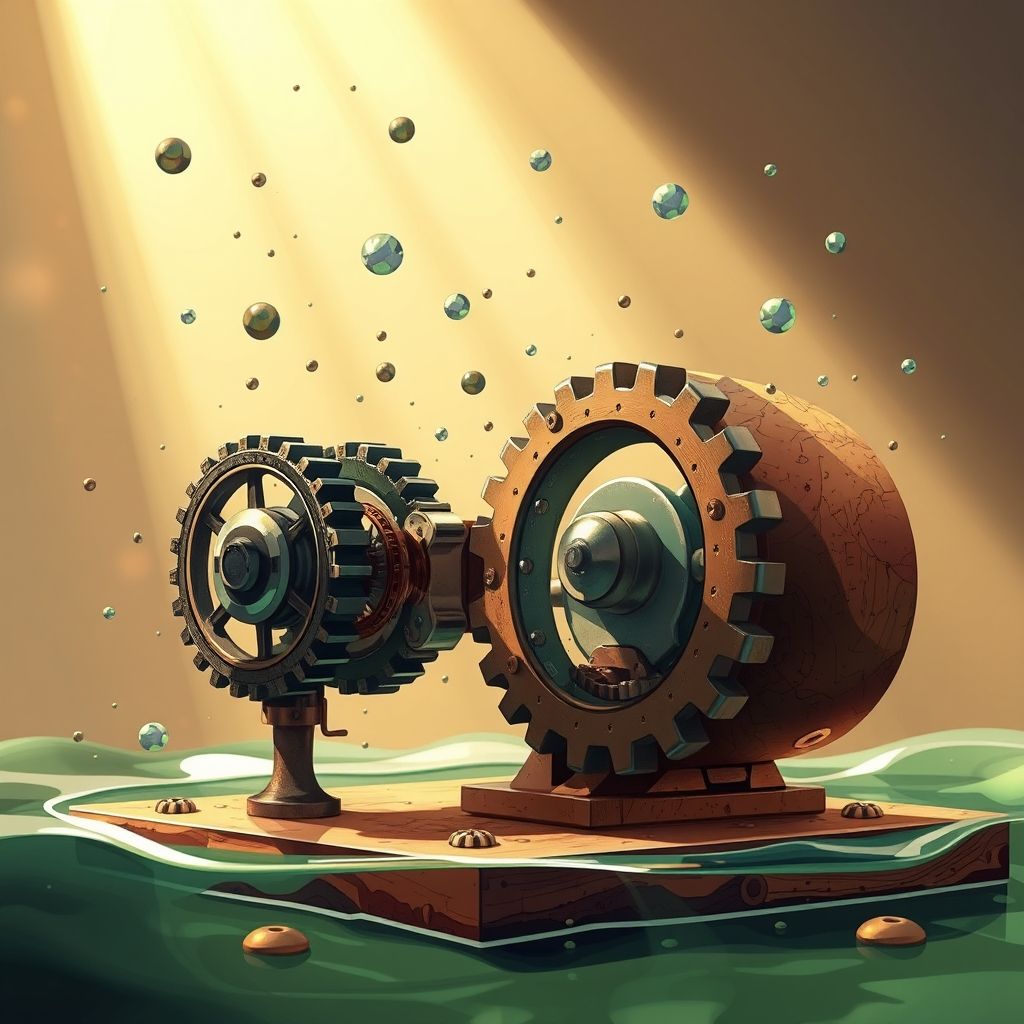 Una ilustración de un motor de ratchet browniano, mostrando el trinquete y pawl mecanismo y las partículas experimentando movimiento browniano.