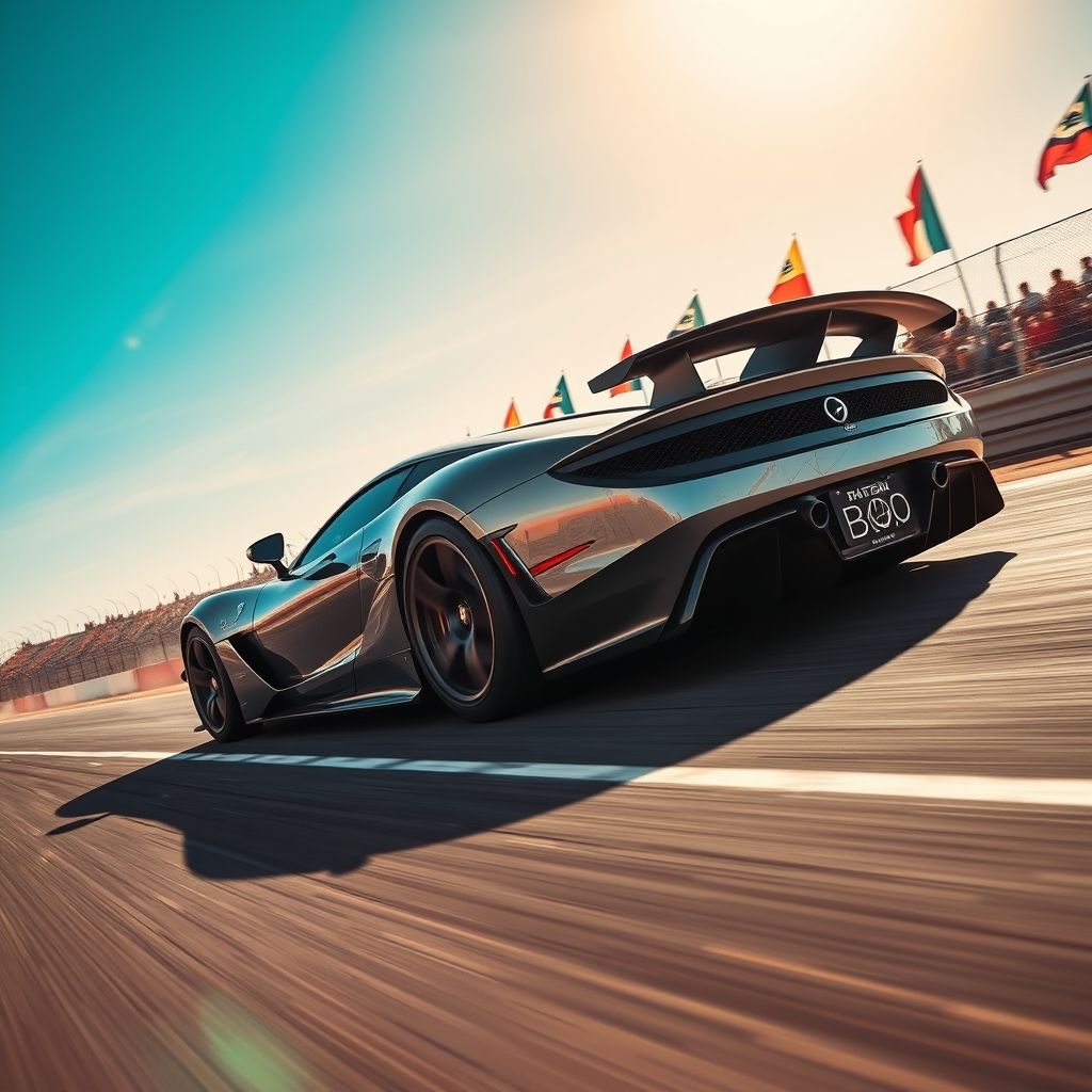 Un automóvil acelerando en una pista de carreras, enfatizando la relación entre fuerza, masa y aceleración.