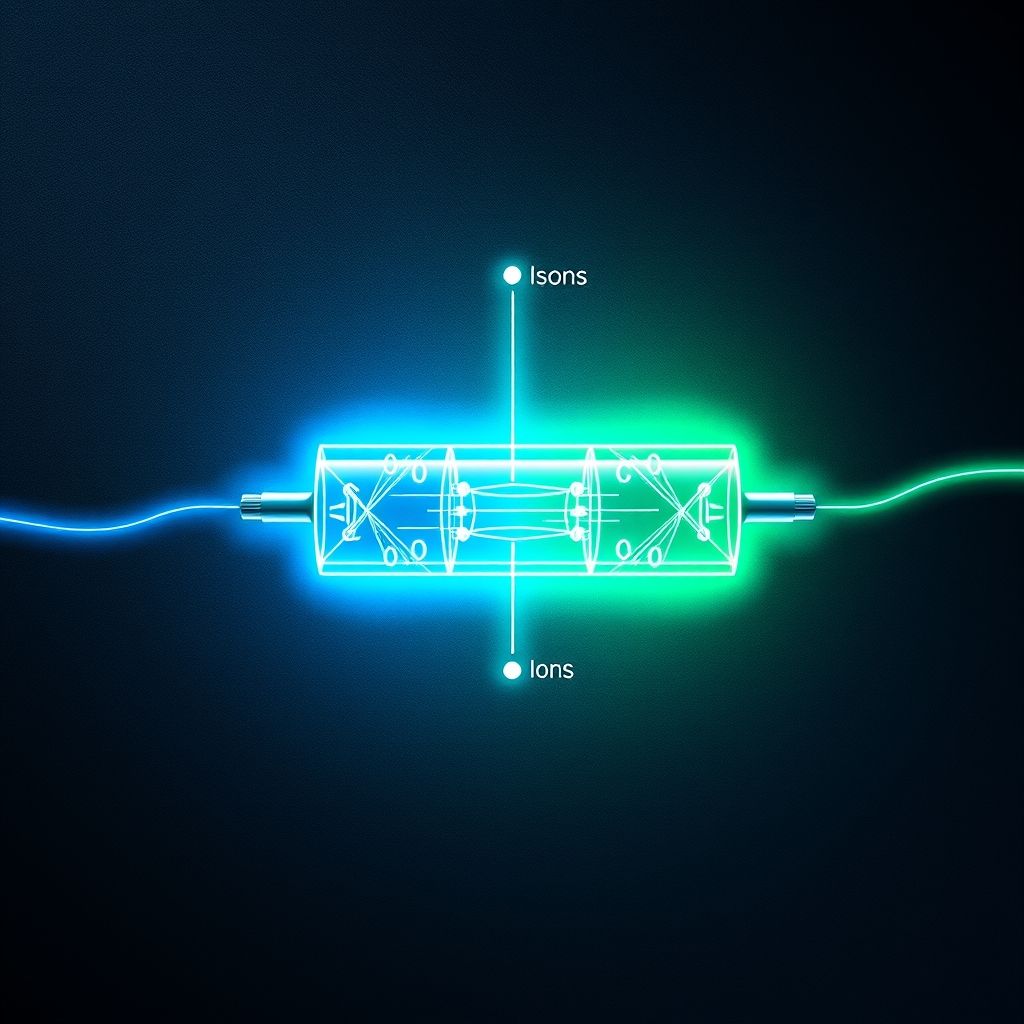Un diagrama de un capacitor asimétrico que muestra el efecto Biefeld-Brown y el movimiento de los iones.