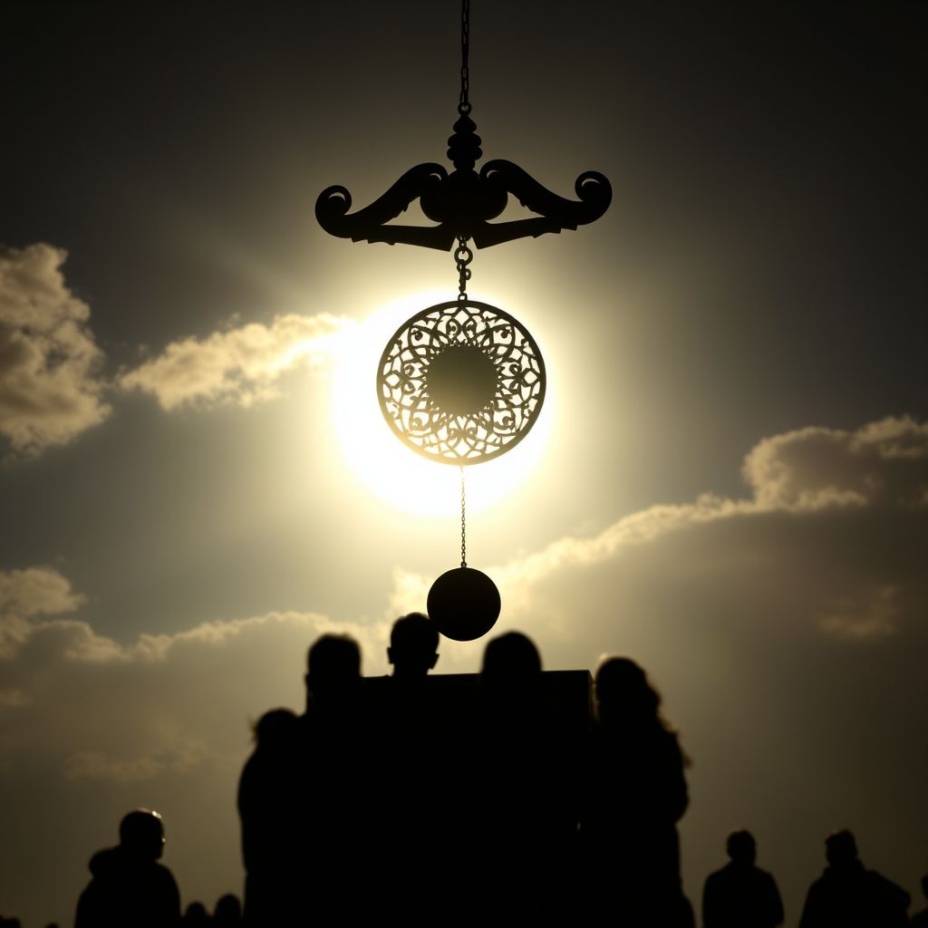 Un péndulo oscilando durante un eclipse solar, enfatizando la supuesta anomalía en su movimiento.