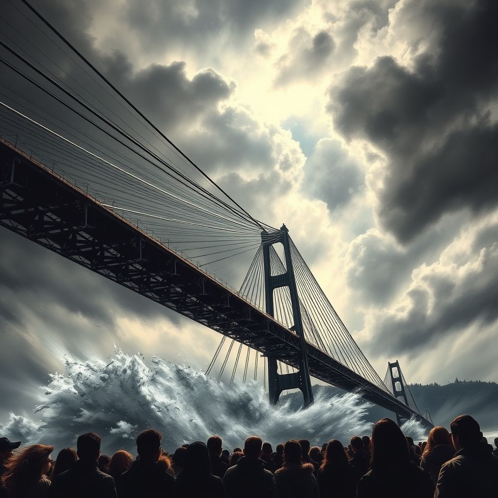 Una representación dramática del puente Tacoma Narrows oscilando violentamente antes de su colapso en 1940.