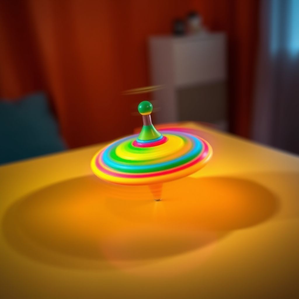 Un trompo de colores girando sobre una superficie plana, mostrando borrosidad de movimiento.