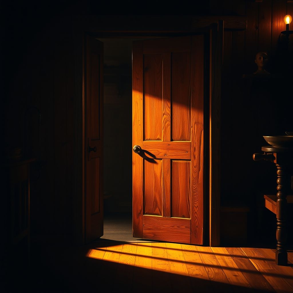 Una puerta de madera abriéndose, con énfasis en las bisagras y el arco de movimiento.