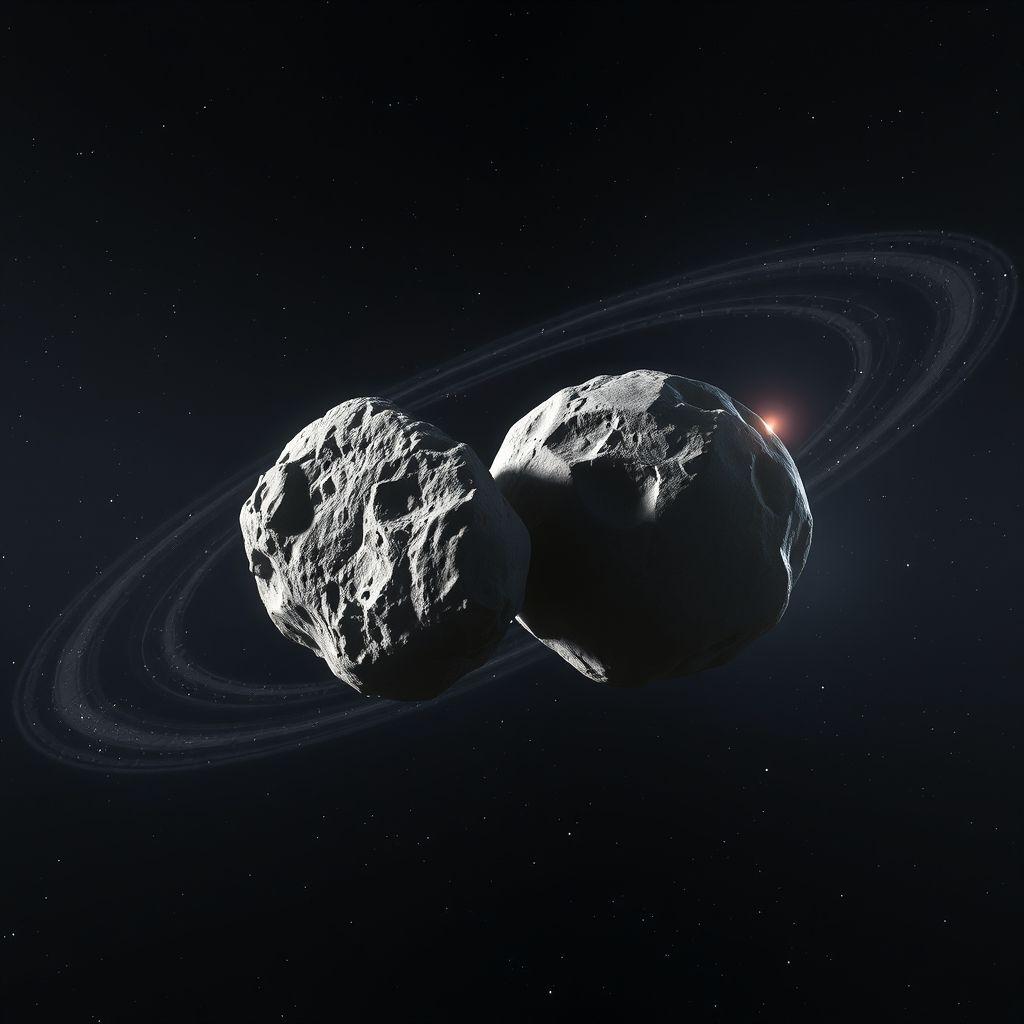 Una representación artística de dos asteroides orbitando entre sí en el espacio, mostrando sus formas irregulares y su interacción gravitacional.