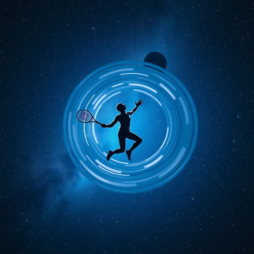 Una persona girando una raqueta de tenis en el espacio, mostrando su movimiento inestable alrededor del eje intermedio.