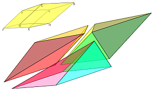 Partición mínima de un romboedro en pirámides de base cuadrilátera.
