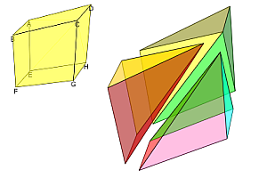 Partición mínima de un romboiedro en pirámides de base cuadrilátera.