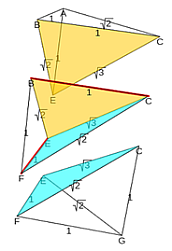Partición del prisma a partir de las aristas BC y EF en tres pirámides ABCE, BCEF y CEFG
