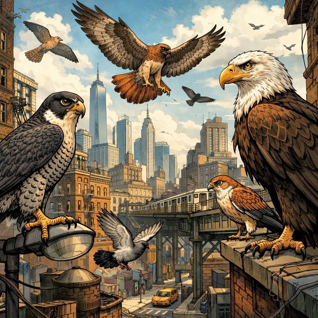 Hawks on urban buildings, photorealistic