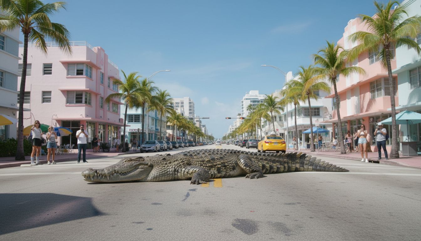 Cocodrilo en una calle de Miami, realistic