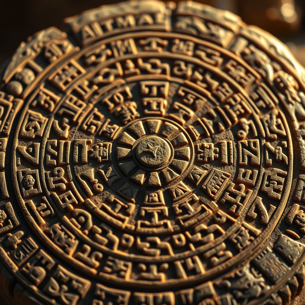 Una vista de primer plano del Calendario Azteca (Piedra del Sol), resaltando sus intrincados grabados y diseños simétricos. Se puede mostrar una sutil animación digital superpuesta para insinuar el movimiento.