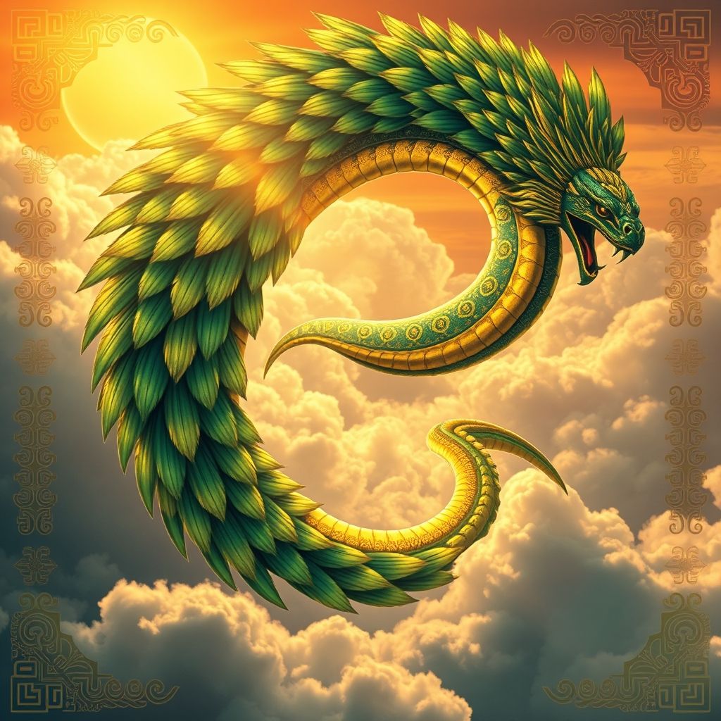 Una representación artística de Quetzalcóatl como una serpiente emplumada que se mueve en espiral por el cielo, con plumas vibrantes que muestran movimiento y luz. El fondo puede incluir elementos de iconografía precolombina.