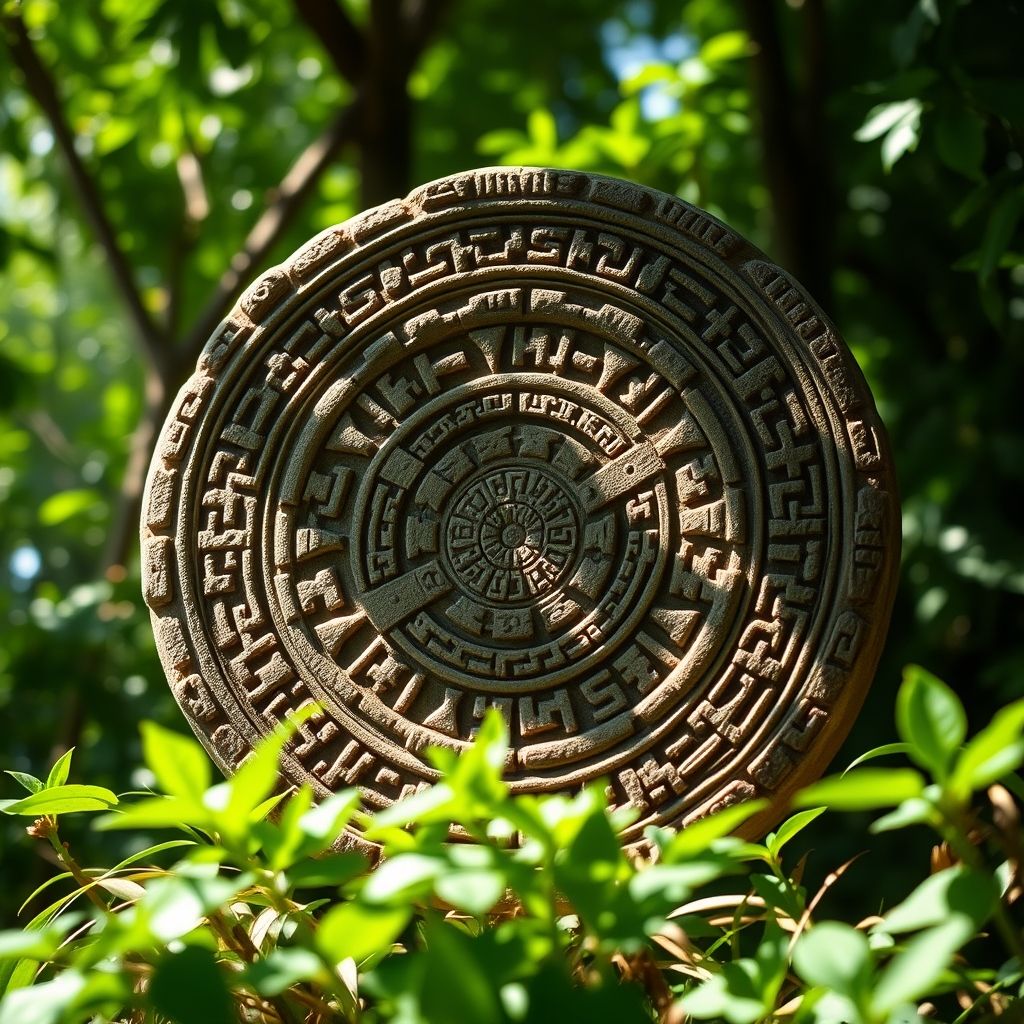 Una vista de primer plano del Disco de Copán, que muestra sus intrincados jeroglíficos y diseño circular. Se pueden superponer sutiles animaciones digitales para representar su potencial movimiento cíclico.