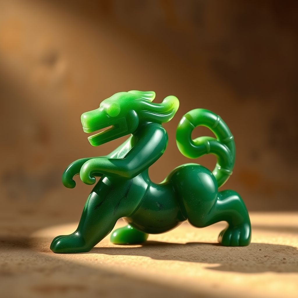 Una figura de abalorios de jade olmeca que representa una figura en una pose dinámica. La imagen debe resaltar el detalle de los abalorios de jade y la representación del movimiento.