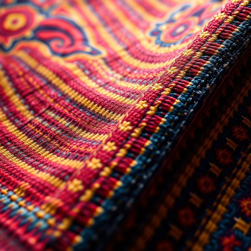 Una vista de primer plano de un antiguo textil andino, que muestra sus patrones intrincados y efectos ópticos. Se puede mostrar una sutil animación digital para mejorar la ilusión de movimiento.