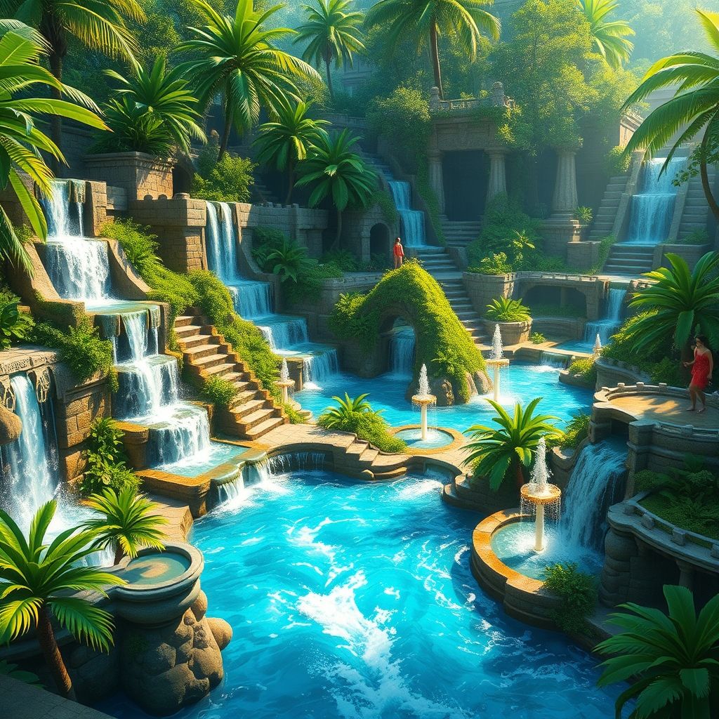 Una representación artística de una ciudad maya que incorpora cascadas, fuentes y canales que interactúan con la luz y el sonido. La imagen debe enfatizar el aspecto dinámico y sensorial del agua.