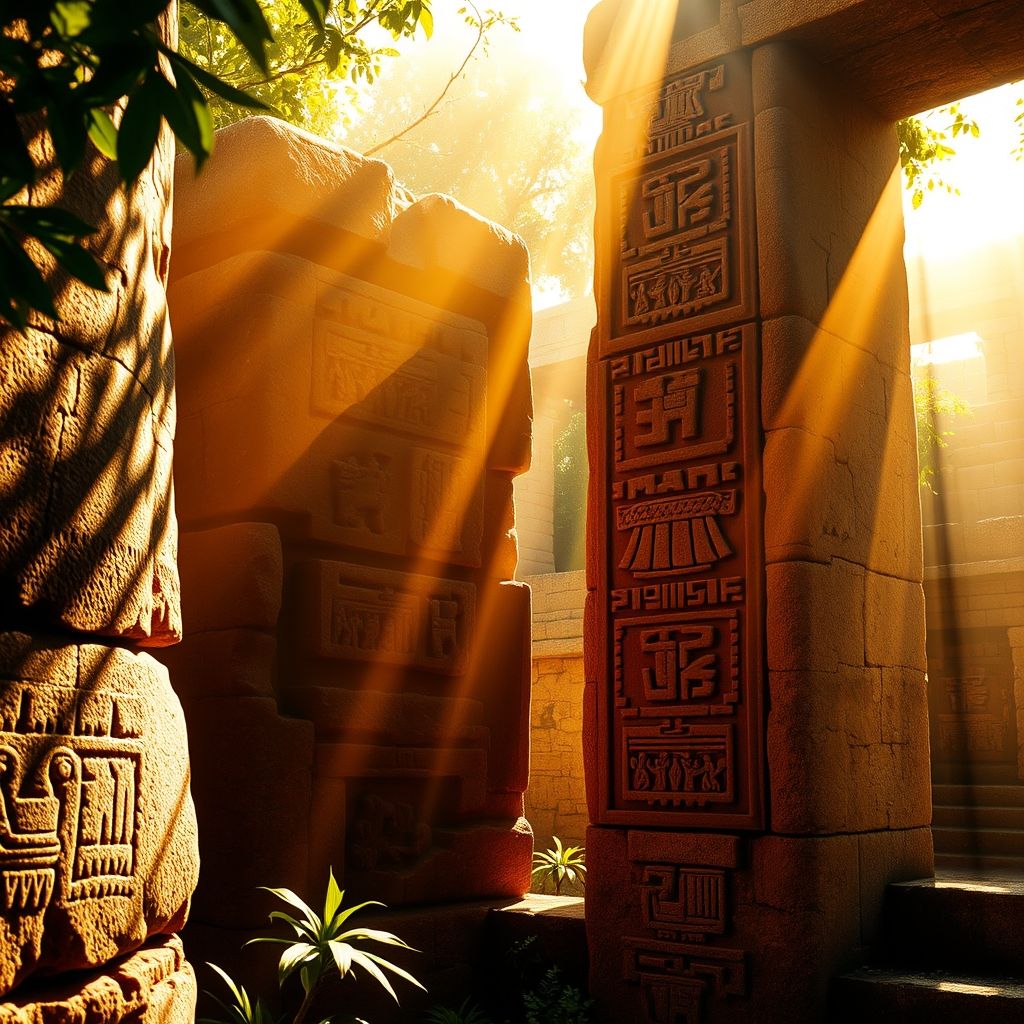 Una representación artística de los glifos mayas que interactúan con la luz solar para crear patrones cambiantes de luz y sombra. La imagen debe resaltar los efectos dinámicos de la luz y la sombra en los glifos.