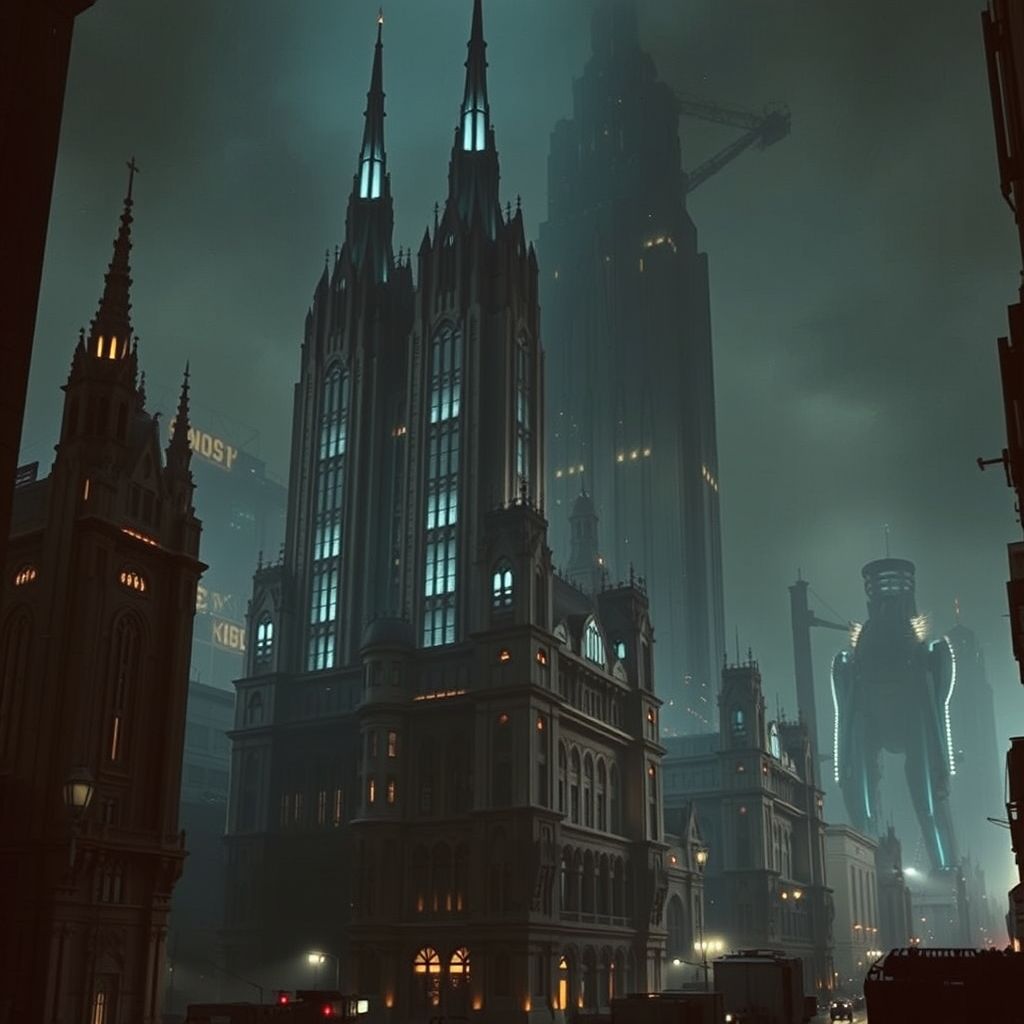 Fotograma de la película 'Metrópolis' de Fritz Lang, mostrando rascacielos góticos futuristas y máquinas gigantescas.