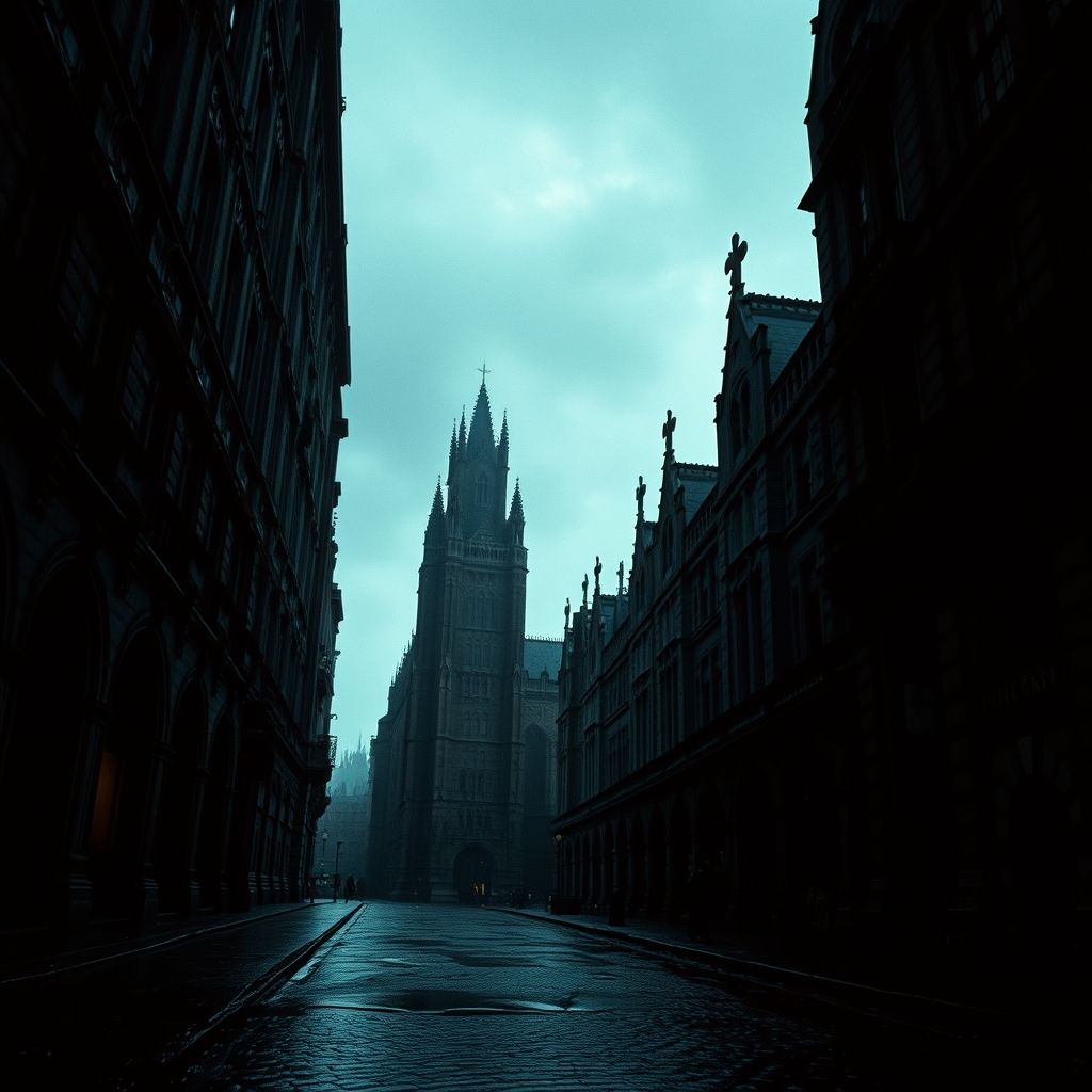 Fotograma de la película 'Dark City', mostrando una calle oscura y lluviosa con edificios de estilo gótico que se elevan hacia el cielo.