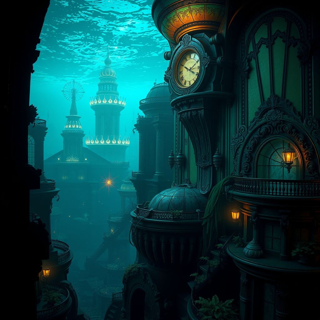 Captura de pantalla del videojuego 'BioShock', mostrando una vista de la ciudad submarina de Rapture, con su arquitectura Art Deco y su ambiente decadente.
