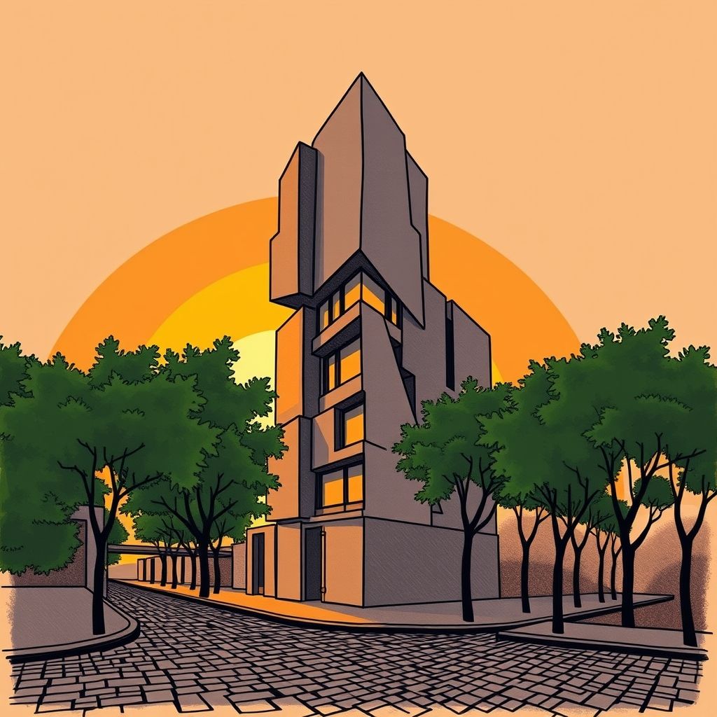 Dibujo arquitectónico expresionista de la década de 1920, mostrando un edificio con formas angulares y fragmentadas, inspirado en el cubismo.