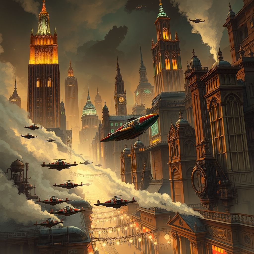Ilustración de Dieselpunk que representa una ciudad con rascacielos góticos imponentes, vehículos voladores y máquinas a vapor.