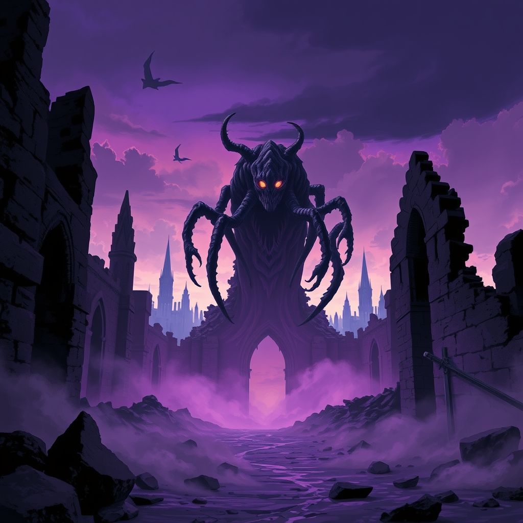 Ilustración inspirada en H.P. Lovecraft, mostrando una criatura cósmica antigua rodeada de ruinas góticas.