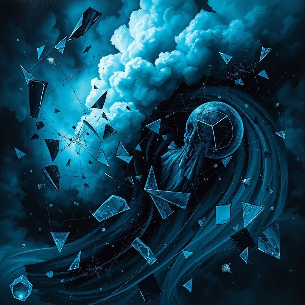 Imagen abstracta representando la teoría de la simulación, con elementos góticos como vitrales rotos y cielos tormentosos.